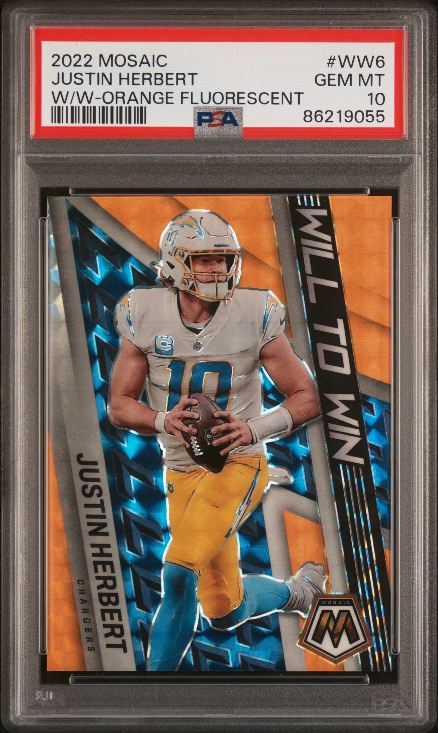 Justin Herbert 2022 Panini Mosaic Will To Win #WW6 Orange Fluorescent PSA 10