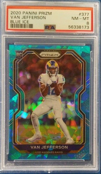 2020 Panini Prizm Van Jefferson Blue Ice 22/99 Rams #377 PSA 8