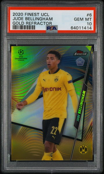 2020 TOPPS FINEST UEFA UCL JUDE BELLINGHAM GOLD REFRACTOR #6 RC ROOKIE PSA 10