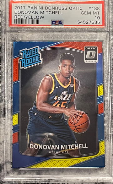 2017-18 Optic Donovan Mitchell Red/Yellow Prizm Rated Rookie RC #188 PSA 10