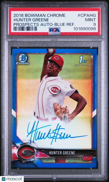 2018 Bowman Chrome Prospects Autographs Hunter Greene #CPAHG Blue Refractor PSA 9
