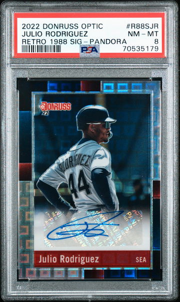 2022 Panini Donruss Optic Retro 1988 Pandora Silver Auto Julio Rodriguez 7/8 PSA 8 NM-MT SSP