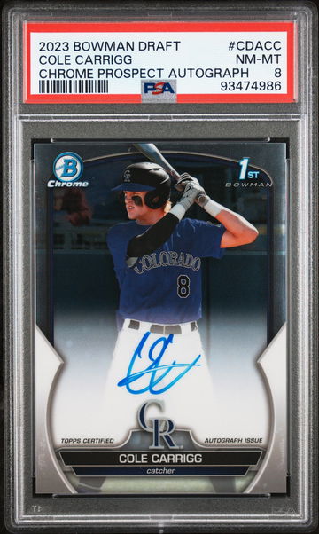 2023 BOWMAN COLE CARRIGG DRAFT CHROME PROSPECT AUTOGRAPH #CDACC PSA 8  BS.B3.12