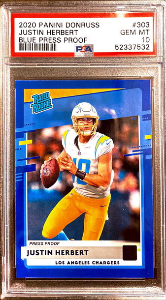 2020 Panini Donruss Justin Herbert Blue Press Proof PSA 10 Gem-Mint