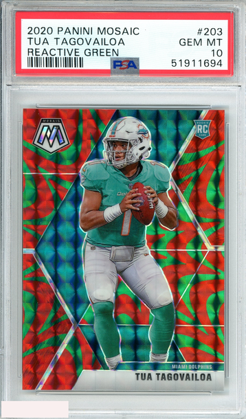 2020 PANINI MOSAIC TUA TAGOVAILOA #203 REACTIVE GREEN RC DOLPHINS PSA 10 GEM MT