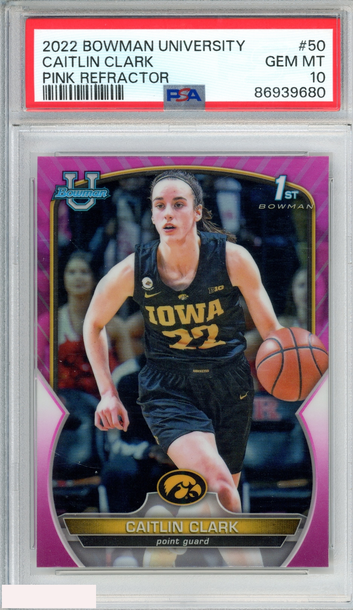 2022 BOWMAN CHROME UNIVERSITY CAITLIN CLARK #50 PINK REFRACTOR 1ST RC PSA 10