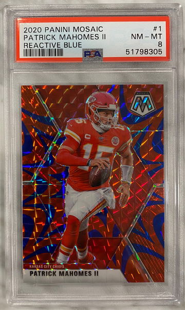 Patrick Mahomes 2020 Panini Mosaic Blue Reactive Prizm SP Chiefs PSA 8