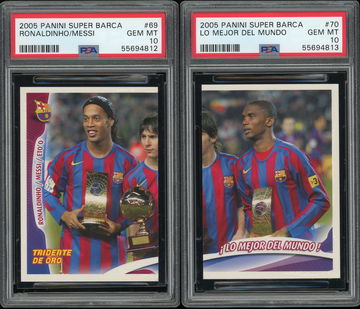 2005 Panini Super Barca Lionel Messi Ronaldinho Samuel Eto'o PSA 10 #69 70 POP 4 & 6 Barcelona