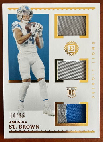2021 Panini Encased Amon Ra St Brown #RTM-ASB Rookie Triple Memorabilia GOLD /25
