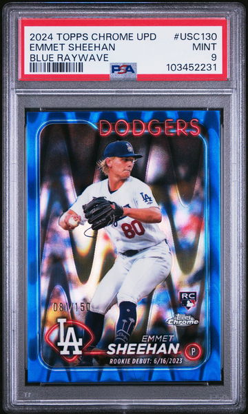 2024 Topps Chrome Update Blue RayWave Emmet Sheehan #USC130 RC /150 PSA 9