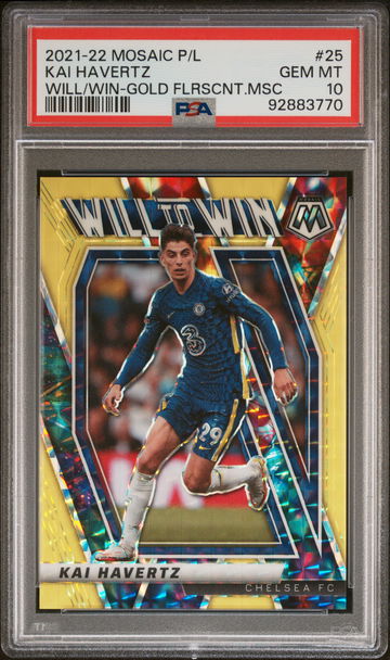 2021 Panini Mosaic Premier League Will To Win Gold Fluorescent Mosaic Kai Havertz #25 /10 PSA 10