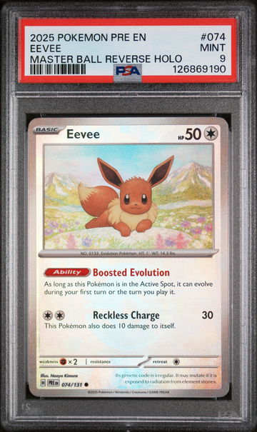 2025 Pokemon Prismatic Evolutions Master Ball Reverse Holo Eevee #74 /126869190 PSA 9
