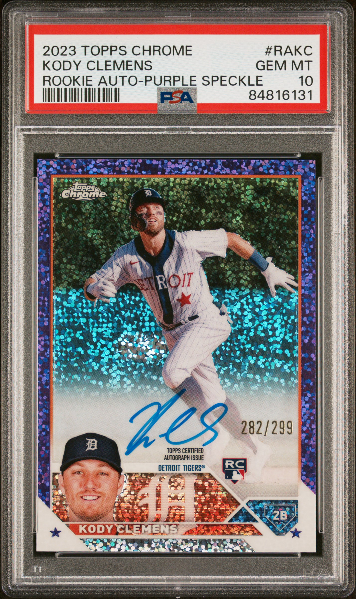 Kody Clemens 2023 Topps Chrome Purple Speckle /299 Auto PSA10 GEM MT Tigers