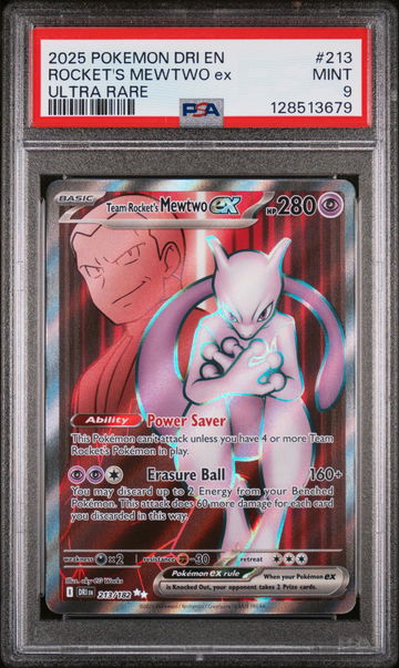 2025 Pokemon Destined Rivals Ultra Rare Team Rocket's Mewtwo Ex #213 PSA 9