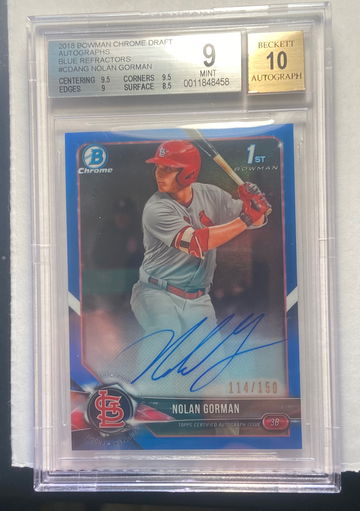 2018 Nolan Gorman blue refractor Bgs 9 mint 10 Auto