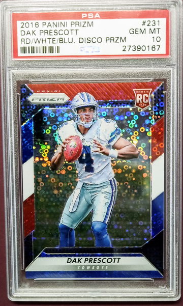 2016 Dak Prescott Panini Prizm Red, White, Blue Disco PSA 10 #231 POP 63