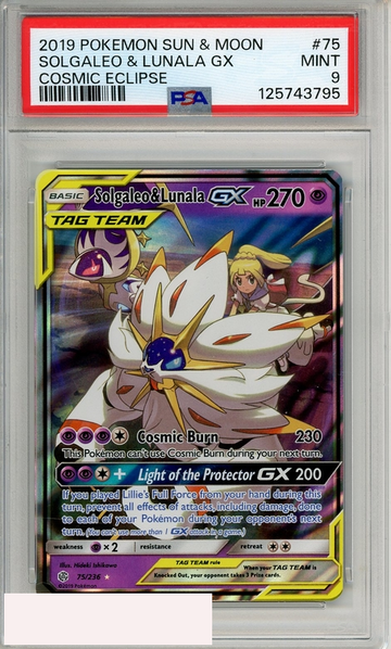 2019 POKEMON SUN MOON COSMIC ECLIPSE SOLGALEO LUNALA GX #75 PSA 9 MINT
