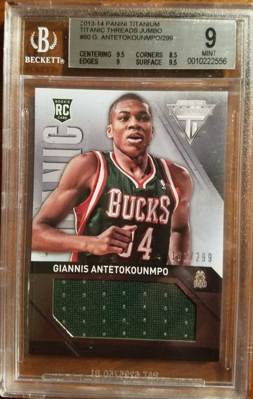 2013-14 Panini Titanium Giannis Antetokounmpo RC Titanic Threads Jumbo #'d 191/299 BGS 9 Mint