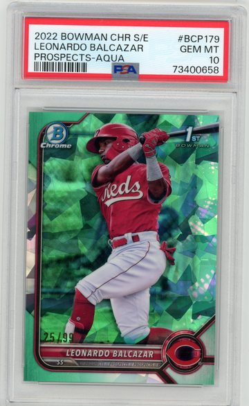 2022 Bowman Chrome Sapphire Edition Leonardo Balcazar Aqua Refractor #'d 25/99 PSA 10 GEM MINT #BCP179 Reds