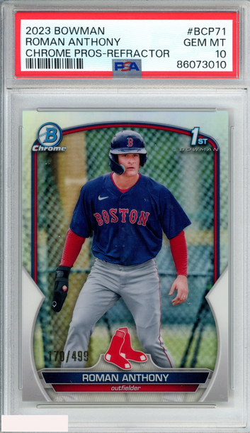 2023 BOWMAN CHROME PROSPECTS ROMAN ANTHONY #BCP71 REFRACTOR OF 499 1ST RC PSA 10