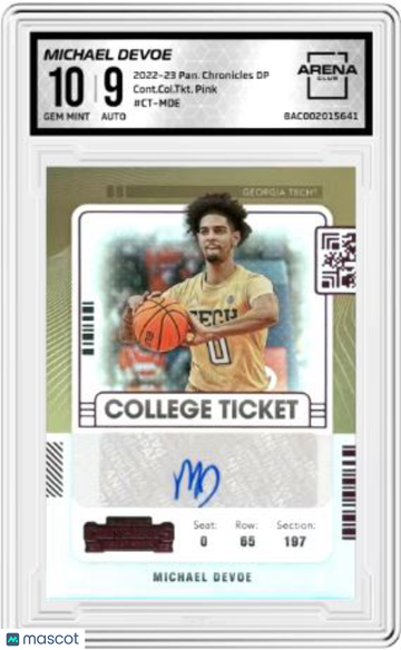 2022-23 Panini Chronicles Draft Picks Michael Devoe #CT-MDE Cont. Col. Ticket Pink Auto Arena Club 10 Auto 9