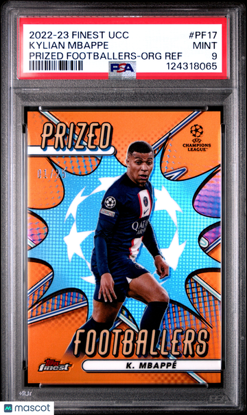 2022-23 Topps Finest UEFA Club Competitions Prized Footballers Kylian Mbappe #PF17 Org Ref /25 PSA 9