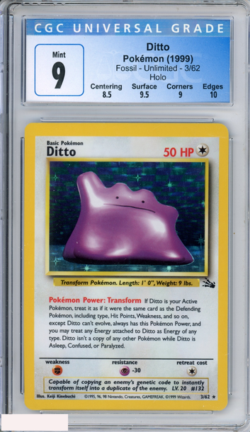1999 POKEMON FOSSIL DITTO #3 UNLIMITED HOLO CGC 9 MINT