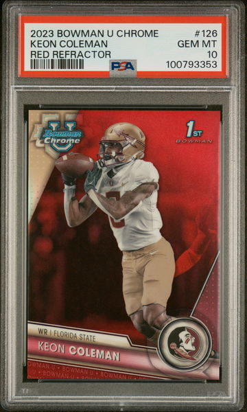 2023 Topps Bowman U Chrome Red Refractor Keon Coleman #126 1st Bowman /5 PSA 10