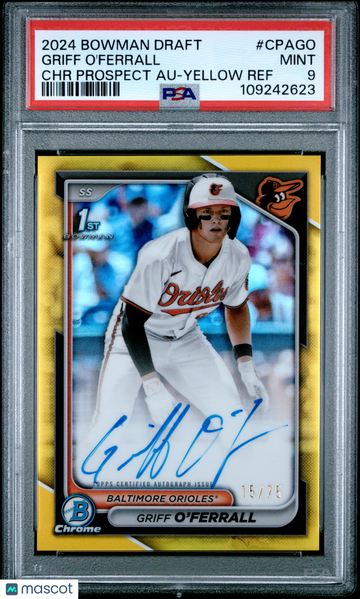 2024 Bowman Draft Chrome Prospect Autographs Griff O'ferrall #CPAGO Yellow Ref /75 PSA 9