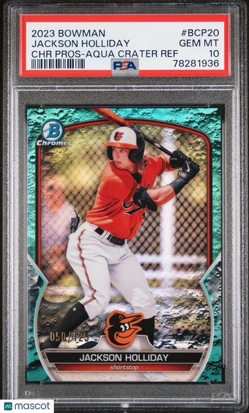 2023 Bowman Chrome Prospects Jackson Holliday #BCP20 Aqua Crater Ref /125 PSA 10