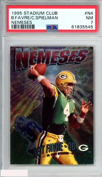1995 STADIUM CLUB NEMESES BRETT FAVRE CHRIS SPIELMAN #N4 HOF PSA 7 NM