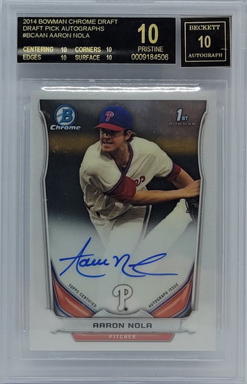 2014 Bowman Chrome Aaron Nola auto. Header and chip are loose. 