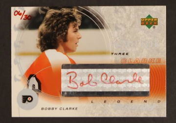 2003 Upper Deck Trilogy #S9-BC Bobby Clarke Script Auto Red /30 Hand Numbered