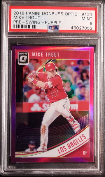 2018 Panini Donruss Optic #121 Mike Trout Pre Swing Purple Prizm PSA 9