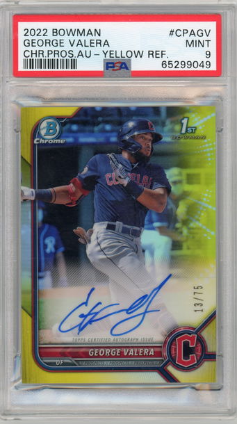 2022 Bowman George Valera Chrome Prospect Auto Yellow Refractor #'d 13/75 PSA 9 MINT Cleveland Guardians