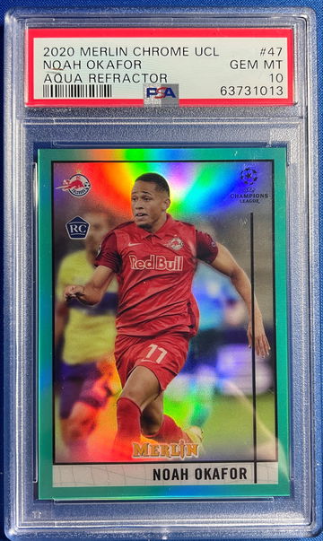 2020-21 Topps Merlin Chrome UEFA Aqua Refractor RC Noah Okafor #47 181/199  PSA 10