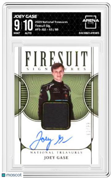 2023 National Treasure Joey Case #8AC002149385 63/99 Firesuit Signatures /99 Arena Club 9 Auto 10