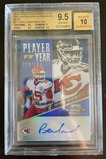 2018 Panini Contenders Patrick Mahomes POY Contenders Auto BGS 9.5 Auto 10 SSP Blue 11/15