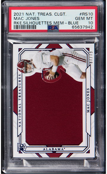 Mac Jones 2021 Panini National Treasure Silhouettes Memorabilia Blue RC PSA 10 Serial Numbered 67 of 75