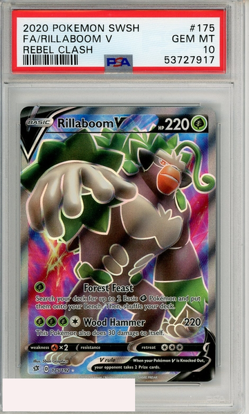 2020 POKEMON SWORD SHIELD REBEL CLASH FA RILLABOOM V #175 PSA 10
