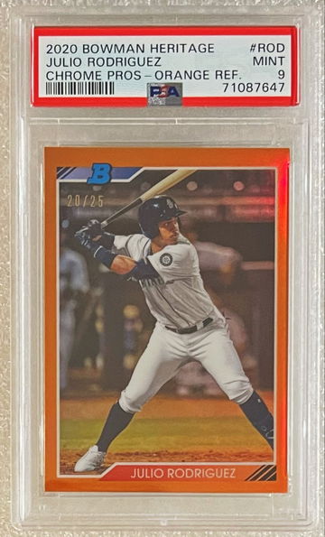 2020 Bowman Heritage Julio Rodriguez RC #20/25 Chrome Prospects Orange Refractor SSP PSA 9