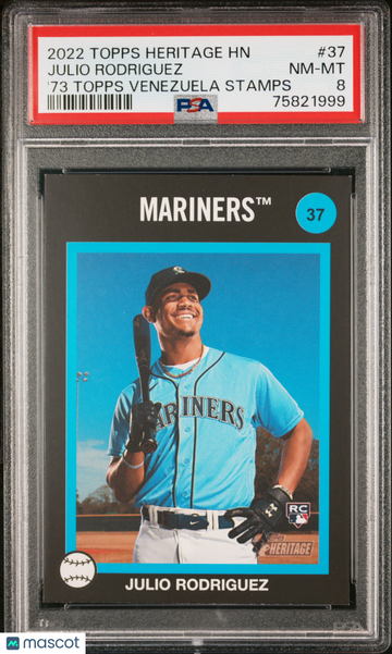 2022 Topps Heritage 1973 Topps Venezuela Stamps Julio Rodriguez #37 '73 Topps Venezuela Stamps PSA 8