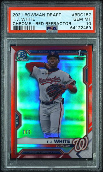 🔥 PSA 10 T.J. White RED REFRACTOR 1st 2021 Bowman Draft 1/5 BDC157 Low Pop 2 Serial #1 Nationals Top Prospect