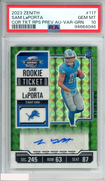 2023 ZENITH CONTENDERS OPTIC RC TKT AUTO SAM LAPORTA #117 VAR GREEN OF 23 PSA 10