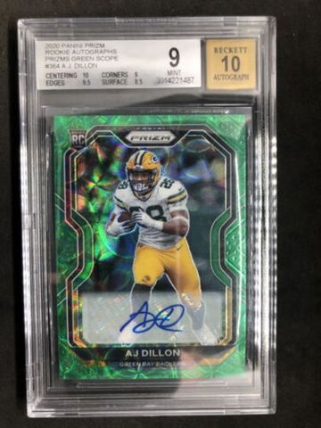 AJ DILLON 2020 Panini Prizm  #510 Rookie Green Scope Auto #/75  BGS 9 MINT
