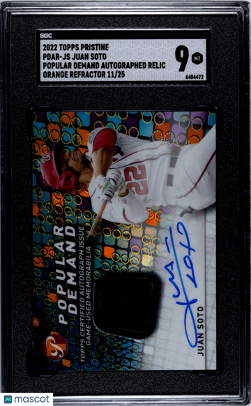 2022 Topps Pristine Juan Soto #PDAR-JS Popular Demand Autograph Relic Orange Refractor SGC 9
