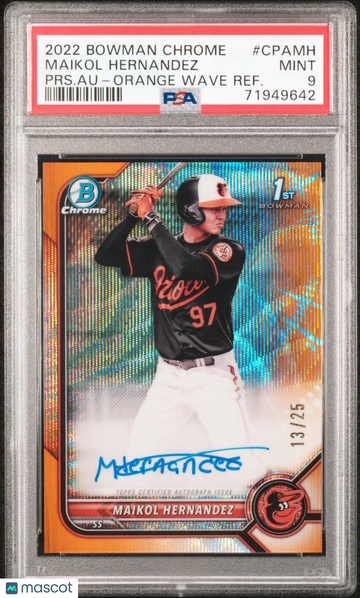 2022 Bowman Chrome Prospect Autographs Maikol Hernandez #CPAMH PRS. Au Orange Wave Refractor /25 PSA 9