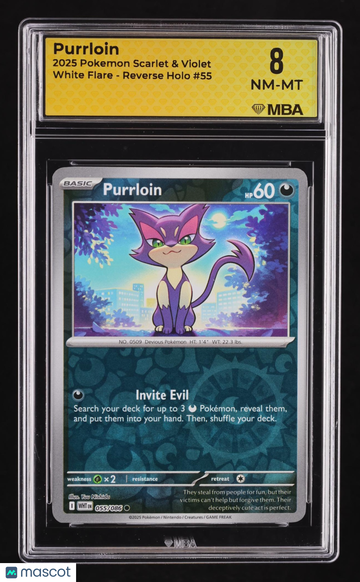 2025 Pokemon Scarlet & Violet White Flare Purrloin Reverse Holo MBA 8 #55