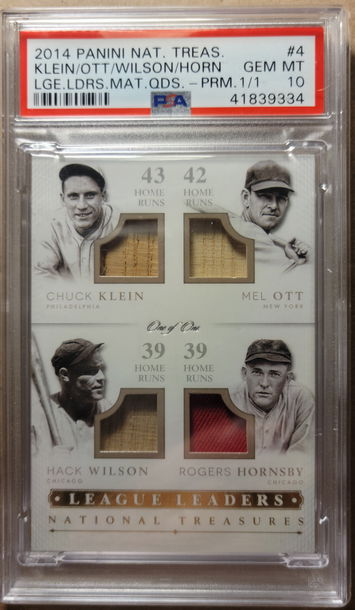 True 1/1 Hornsby - Ott - WIlson - Klein 4x game used Panini NT  PSA 10