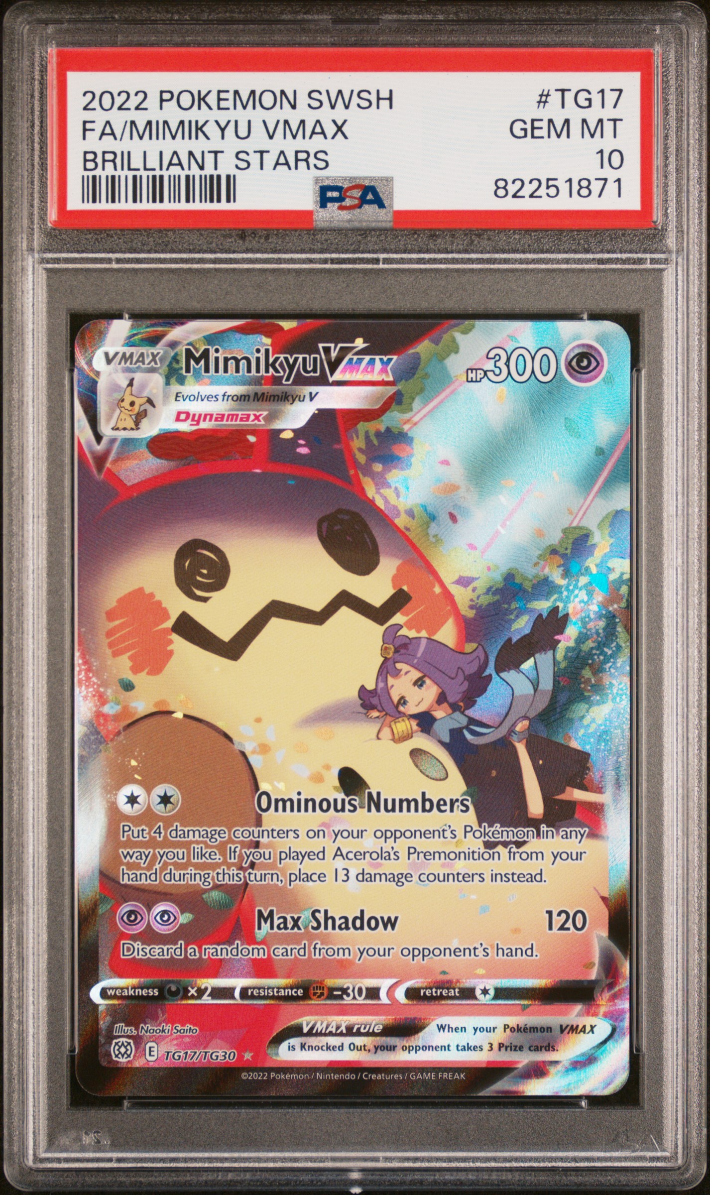 2022 Pokemon Sword & Shield Brilliant Stars FA Mimikyu Vmax #TG17 PSA 10